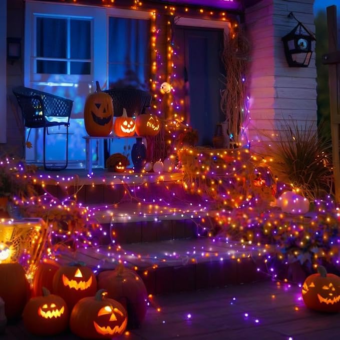 75.8FT 200 LED Linkable Orange and Purple Halloween Lights Indoor Outdoor | Timer & Memory Function & 8 Modes Plug in String Lights Waterproof for Creepy Halloween Party Tree Roof Graveyard Decor