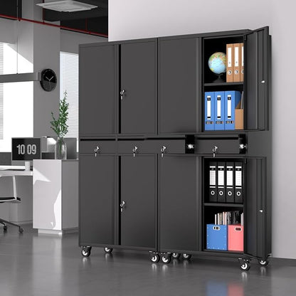 Metal Storage Cabinet, 73'' with Wheels, Lockable Doors, 2 Drawers, and Adjustable Shelves for Garage, Workshop or Office - Black