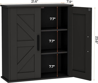 Homleke Bathroom Wall Cabinet, Over Toilet Storage Cabinet with Barn Doors and Adjustable Shelves, 3-Tier Medicine Cabinet Wall Mounted, for Bathroom, Kitchen, Entryway, Laundry Room, Black, (7.9" D)