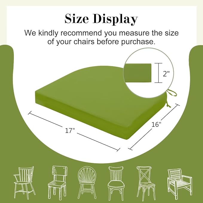 Cozyide Outdoor Chair Cushions, Waterproof Patio Seat Cushions with Adjustable Straps, Round Corner Patio Chair Cushions for Garden, Grass Green, 17x16x2 Inch (Pack of 4)