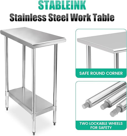 STABLEINK Stainless Steel Small Table with Undershelf 12x30 Inches for Prep | NSF Certified Heavy Duty Metal Work Table Workbench for Commercial Kitchen Restaurant Hotel Laundry Garage Chef Homemaker