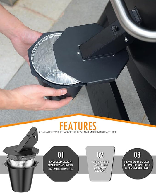 Upgraded Grease Bucket with Lid & 12PCS Liners, Grease Catcher for Smoker Drip Bucket, Compatible with Traeger, Pit Boss, Z Grills, Recteq and More - Grease Bucket for Pellet Grill
