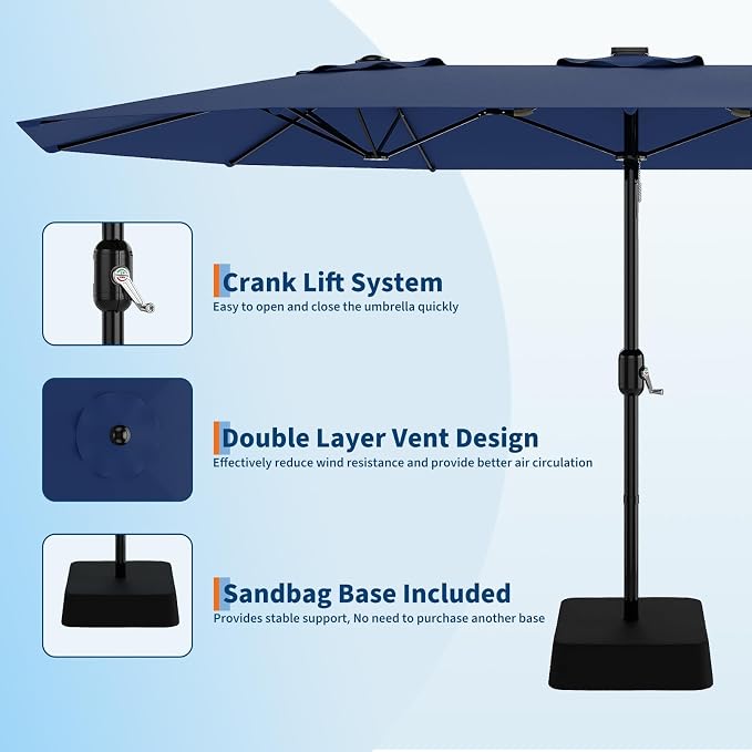 Garvee 15 ft Rectangular Patio Umbrella with Base Included - Large Patio Umbrella with Crank Handle, UV Protection for Outdoor Market, Backyard, Pool - Navy Blue | Rectangular Large Patio Umbrella with Crank Handle 48 LED Lights, UV Protection for Outd...