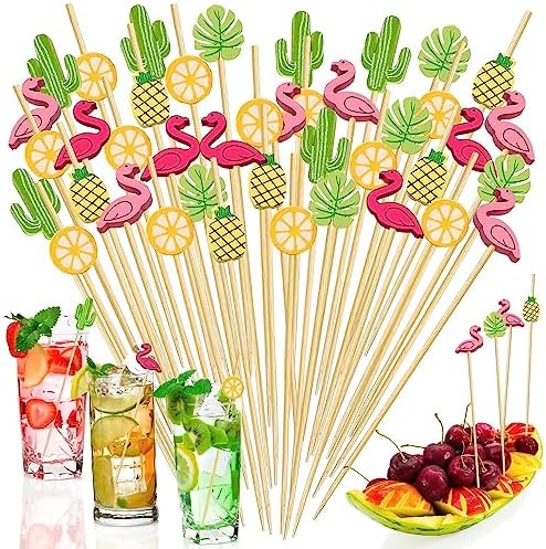 150 PCS Hawaiian Appetizer Picks Tropical Cocktail Toothpicks Party Decorations for Drinks Bamboo Charcuterie Skewers Flamingo Pineapple Palm Leaf Orange Cactus Sticks for Food Luau Hawaii Beach