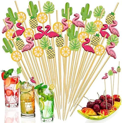150 PCS Hawaiian Appetizer Picks Tropical Cocktail Toothpicks Party Decorations for Drinks Bamboo Charcuterie Skewers Flamingo Pineapple Palm Leaf Orange Cactus Sticks for Food Luau Hawaii Beach