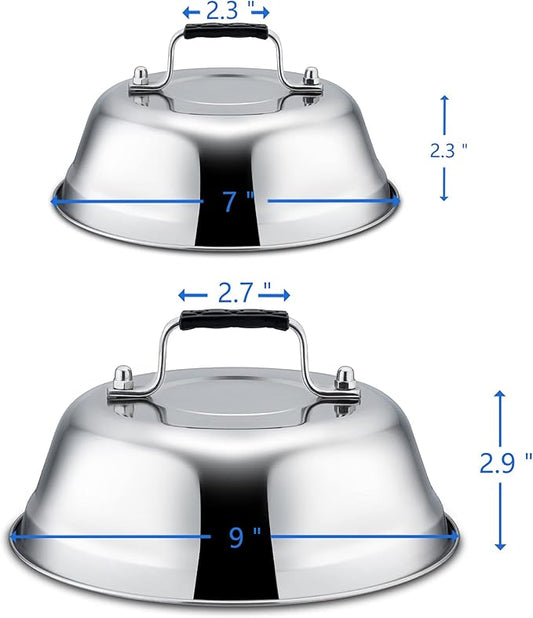 Cheese Melting Dome Set of 3, Leonyo 9"-6.5" Stainless Steel Steam Basting Cover for Griddle Grill, Heavy Duty Metal Griddle Accessories for BBQ Flat Top Kitchen Cooking Burger, Heat Resistant Grip