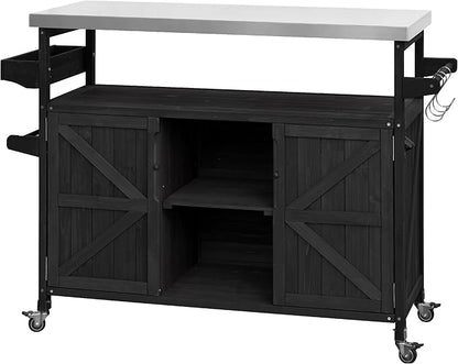 LUMISOL Outdoor Grill Table with Stainless Steel Top, Solid Wood Kitchen Island with Internal Storage Rack, Outdoor Storage Cabinet, Farmhouse Rolling Bar Cart with Spice & Towel Rack, Black