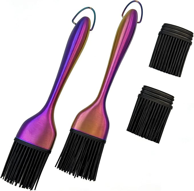 Silicone Basting Brush 2 Pack with 2 Extra Heads, Rainbow Stainless Steel Handle, Heat Resistant Oil Brush for BBQ, Baking, Grilling