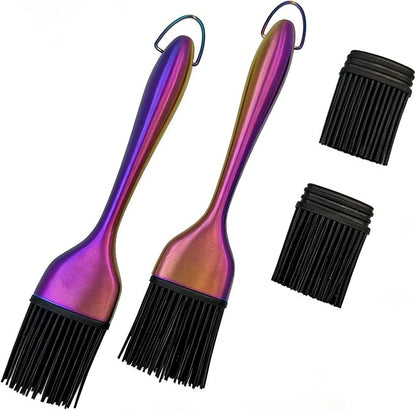 Silicone Basting Brush 2 Pack with 2 Extra Heads, Rainbow Stainless Steel Handle, Heat Resistant Oil Brush for BBQ, Baking, Grilling