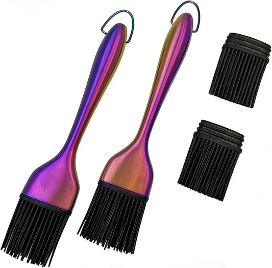Silicone Basting Brush 2 Pack with 2 Extra Heads, Rainbow Stainless Steel Handle, Heat Resistant Oil Brush for BBQ, Baking, Grilling