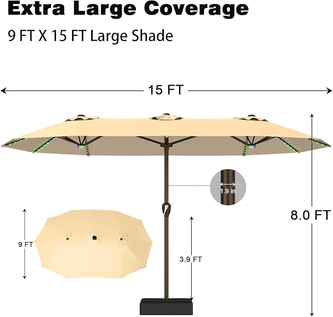 AreShark 15FT Large Rectangular Patio Umbrella with Solar Lights, Beige | Rectangle Lighted Outdoor Umbrella with Crank, Double-Sided Market Umbrella with Base for Porch, Lawn, Pool, Backyard
