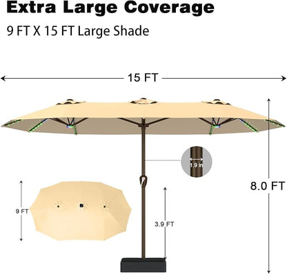 AreShark 15FT Large Rectangular Patio Umbrella with Solar Lights, Beige | Rectangle Lighted Outdoor Umbrella with Crank, Double-Sided Market Umbrella with Base for Porch, Lawn, Pool, Backyard