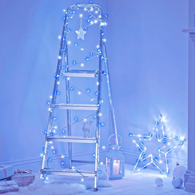 82FT 250 LED Outdoor String Lights, Blue and White Christmas Lights Indoor | Plug in Waterproof 8 Modes Clear Wire String Twinkle Lights for Bedroom Outside Patio Yard Xmas Party Holiday Decorations
