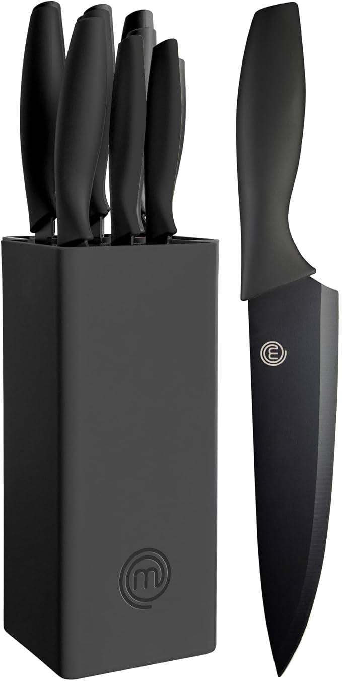 MasterChef Knife Set with Block, 7pc Kitchen Knives Set with Holder, Black | Knife Block Set with Sharp Stainless Steel Blades for Precise Cutting with Non Stick Coating & Soft Touch Easy Grip Handles