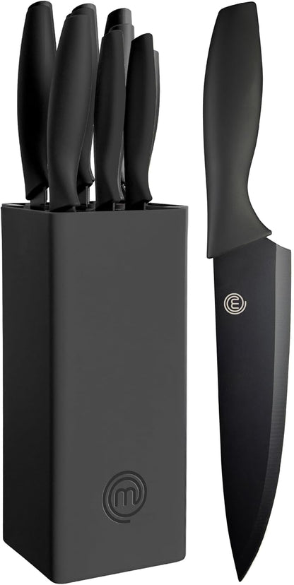 MasterChef Knife Set with Block, 7pc Kitchen Knives Set with Holder, Black | Knife Block Set with Sharp Stainless Steel Blades for Precise Cutting with Non Stick Coating & Soft Touch Easy Grip Handles