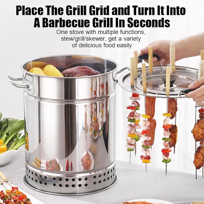 Stainless Steel Smokeless Charcoal Grill - 360° Rotating BBQ Insulated with Cotton Includes 20 Skewers & Accessories for Multi-Functional Outdoor Cooking