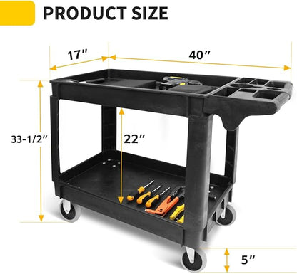 MaxWorks Heavy Duty 2‑Shelf Service Cart 500 lb Capacity Polypropylene Utility Cart with 5" Non‑Marring Casters Deep Trays and Built‑In Tool Storage for Garage Warehouse Workshop (80855)