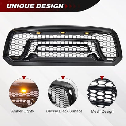 Glossy Black Front Grille Compatible with 2013-2018 Dodge Ram 1500, 2019-2023 Ram 1500 Classic, with Amber Lights (NO "RAM" LETTER)