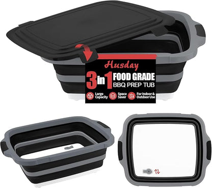 XL Collapsible BBQ Prep Tub with Lid (4.22 Gal / 16L) – Foldable Cutting Board Basin, Camping Sink & Food Storage Bin, Multipurpose Dish Tub for Meat, Fruit, Vegetables – Black