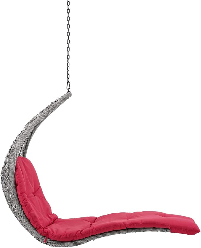 Modway Landscape Wicker Rattan Outdoor Patio Porch Chaise Lounge Hanging Swing Chair in Light Gray, Red