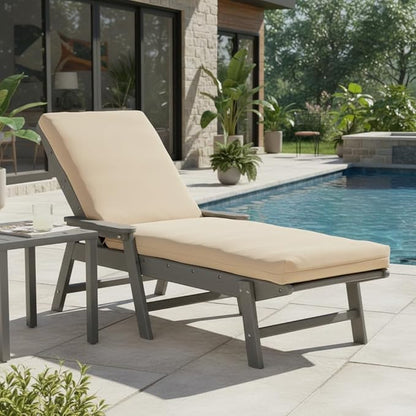 Modern Outdoor Chaise Lounge Cushion with Ties – Durable Polyester Fabric, Channel-Filled Polyfiber Insert, Removable Zippered Cover, Stone