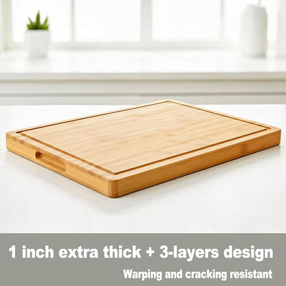 Allsum Large Bamboo Wood Cutting Boards for Kitchen, 1" Extra Thick Butcher Block with Juice Grooves & Handles Resisting to Warping and Cracking, Fancy Charcuterie Boards, 17"L x 12.5"W