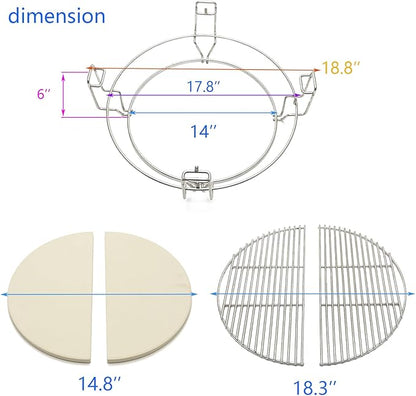Multi-Level Cooking Grates with Ceramic Heat Deflectors System Kit for Large Big Green Egg, BGE Kamado Joe Classic, Coyote The Asado Cooker, Pit Boss，Char-Griller Akorn Charcoal Grill