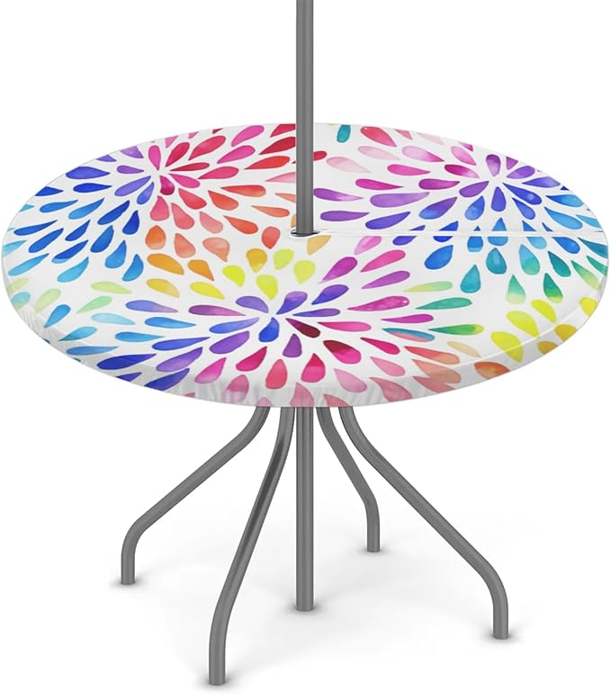 Fitted Round Tablecloth with Umbrella Hole and Zipper Spring or Summer Floral Outdoor Elastic Table Cloth 45"-56" Oil-Proof Waterproof Patio Table Cover for Picnic Party