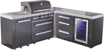Mont Alpi Premium 82"W x 75"D x 46"H L-shaped Black Stainless Steel Outdoor Kitchen Island with Refrigerator + 32"W 4-Burner BBQ Grill + Granite Countertops + Storage Drawers + Rotisserie Kit + Cover