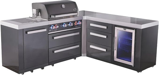 Mont Alpi Premium 82"W x 75"D x 46"H L-shaped Black Stainless Steel Outdoor Kitchen Island with Refrigerator + 32"W 4-Burner BBQ Grill + Granite Countertops + Storage Drawers + Rotisserie Kit + Cover