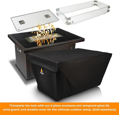 Outland Living Series 403 Fire Table – 44" 50,000 BTU Outdoor Propane Gas Fire Pit Table with Tempered Glass Top & Arctic Ice Decorative Glass Rocks, Espresso Brown