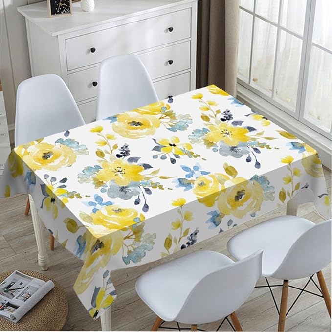 TKS MITLAN Yellow Blue Flowers Tablecloth Decor Watercolor Plant Tender Petal Bright Summer Romantic Table Cloth Dining Room Kitchen Table Cover 60" X 84" Oblong/Rectangle