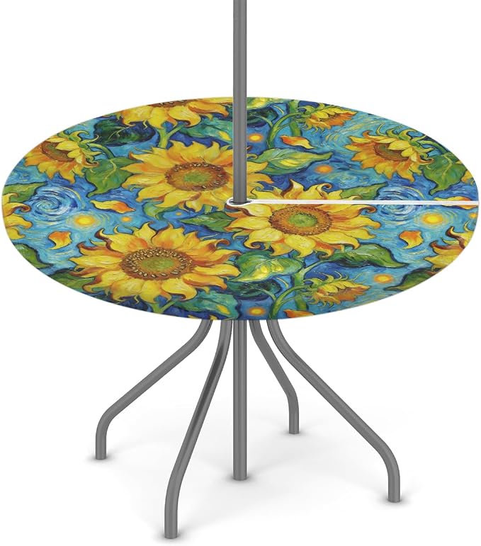 Oil Painting Sunflower Outdoor Round Fitted Tablecloth with Umbrella Hole and Zipper, 45"-56" Elastic Patio Table Cloth Oil-Proof Waterproof Patio Table Cover for Picnic Party Camping