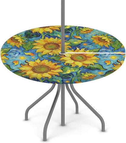 Oil Painting Sunflower Outdoor Round Fitted Tablecloth with Umbrella Hole and Zipper, 45"-56" Elastic Patio Table Cloth Oil-Proof Waterproof Patio Table Cover for Picnic Party Camping