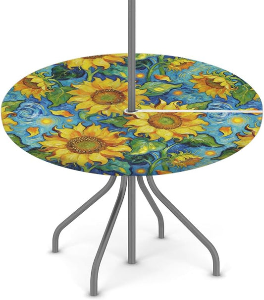 Oil Painting Sunflower Outdoor Round Fitted Tablecloth with Umbrella Hole and Zipper, 45"-56" Elastic Patio Table Cloth Oil-Proof Waterproof Patio Table Cover for Picnic Party Camping