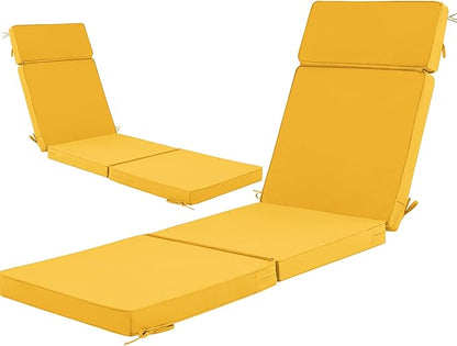 72 x 21 Inch Outdoor Chaise Lounge Cushions Set of 2 - Removable Cover, 4-Section Design, Water-Repellent & Fade-Resistant, 6 Tie Straps, Replacement for Patio & Pool Chairs - Yellow