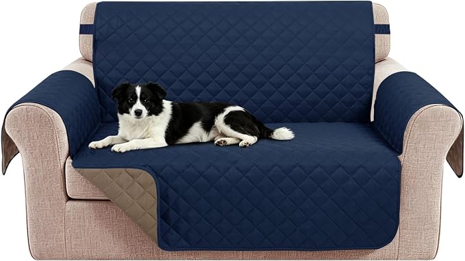 Reversible 45" Small Loveseat Sofa Covers, Navy/Camel | Loveseat Covers for Dogs Water Repellent, Friendly Furniture Protector with Elastic Straps for Living Room