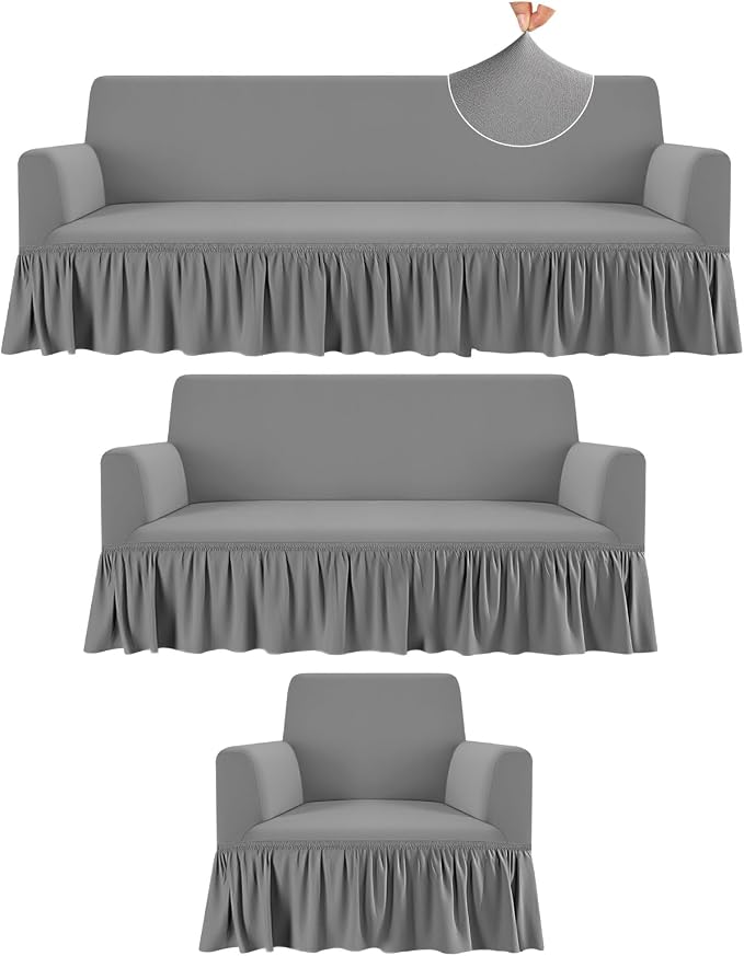 Fanfanwin 3 Pcs Sofa Slipcover Set for Couch Cushion Durable Washable High Elastic Stretchable Furniture Couch Covers with Skirt for Sofa Loveseat Arm Chair(Gray,Milk Silk)