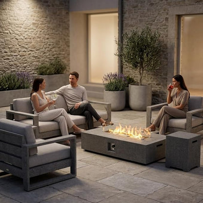 56-inch Rectangle Propane Gas Fire Pit Table, CSA Certified 50,000 BTU Outdoor Fireplace for Backyard, Porch, Garden (Grey, Fire Pit with Wind Guard&Tank)