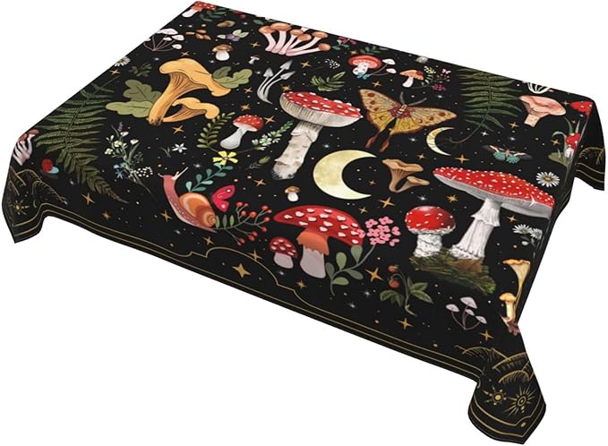 Mushroom Tablecloth Washable Waterproof Moth Gothic Witchy Table Cover for Kitchen Dining Room Picnic Party BBQ Wedding, Rectangle 54x72 Inch Black Table Cloth