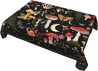 Mushroom Tablecloth Washable Waterproof Moth Gothic Witchy Table Cover for Kitchen Dining Room Picnic Party BBQ Wedding, Rectangle 54x72 Inch Black Table Cloth