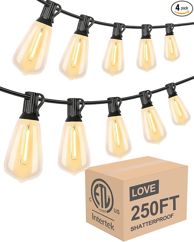 Lightdot 250FT Outdoor String Lights, LED Bistro String Lights with Shatterproof ST38 Bulbs, 2200K Dimmable, Waterproof Hanging Lights for Porch, Party, Garden, Backyard, Balcony - ETL Listed