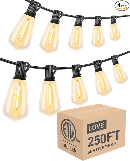 Lightdot 250FT Outdoor String Lights, LED Bistro String Lights with Shatterproof ST38 Bulbs, 2200K Dimmable, Waterproof Hanging Lights for Porch, Party, Garden, Backyard, Balcony - ETL Listed
