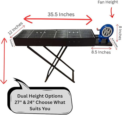Heavy Duty Charcoal BBQ Grill with Fan & Lid – Portable Outdoor Barbecue Grill, Folding Stand, Metal Charcoal Grill for Camping, Backyard, Picnic (Extra Large)