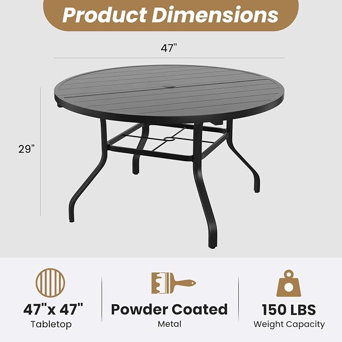 Round Outdoor Patio Dining Table, 47" Round Patio Table with 1.57" Umbrella Hole, Metal Outdoor Dining Tables for Patio, Graden, Backyard and Poolside