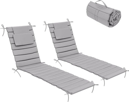 Crestlive Products Chaise Lounge Cushion Outdoor Set of 2, Foldable Waterproof Pool Lounge Chair Cushions with Straps, Lounger Cushions for Outdoor Furniture， 71''Lx21''W (Light Gray)