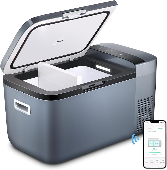 ICECO GO20 Dual Zone 12V Refrigerator, Portable Fridge Freezer with SECOP Compressor, DC 12/24V, AC 100-240V, 0℉ to 50℉, Electric Cooler for Truck, RV, SUV, Outdoor, Driving, 21 Quart, Gray