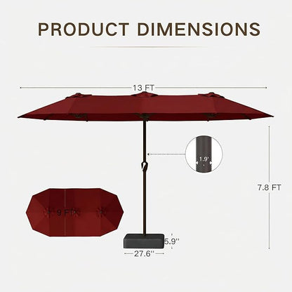Kingdura 13ft Large Patio Umbrella with Base Included, Double-Sided Rectangle Outdoor Table Umbrella with 12 Reinforced Ribs, Crank Lift for Market Pool Deck Backyard, Dark red