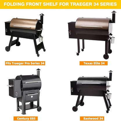 Folding Front Shelf for Traeger Pro 34 Century 885 Texas Elite 34 – BAC363 Grill Accessory 37"x12" Heavy Duty Steel Foldable Table Supports 60 lbs, BBQ Prep & Storage Station.