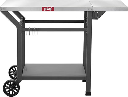 Feasto 43" Lx20 W Grill Table with Folding Side Table & Undershelf, Gray | Stainless Steel Tabletop, Foldable Side Shelf, Sturdy Undershelf, for Pizza Ovens, BBQ Grills, & Prep Work (Hooks Included)